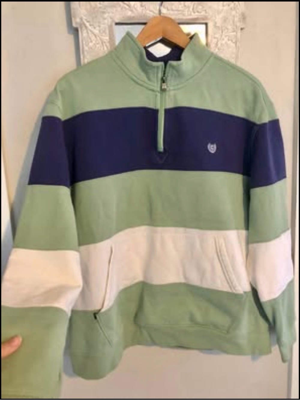 Men's Quarter-Zip Rugby Stripe Pullover - Sage, Navy & White